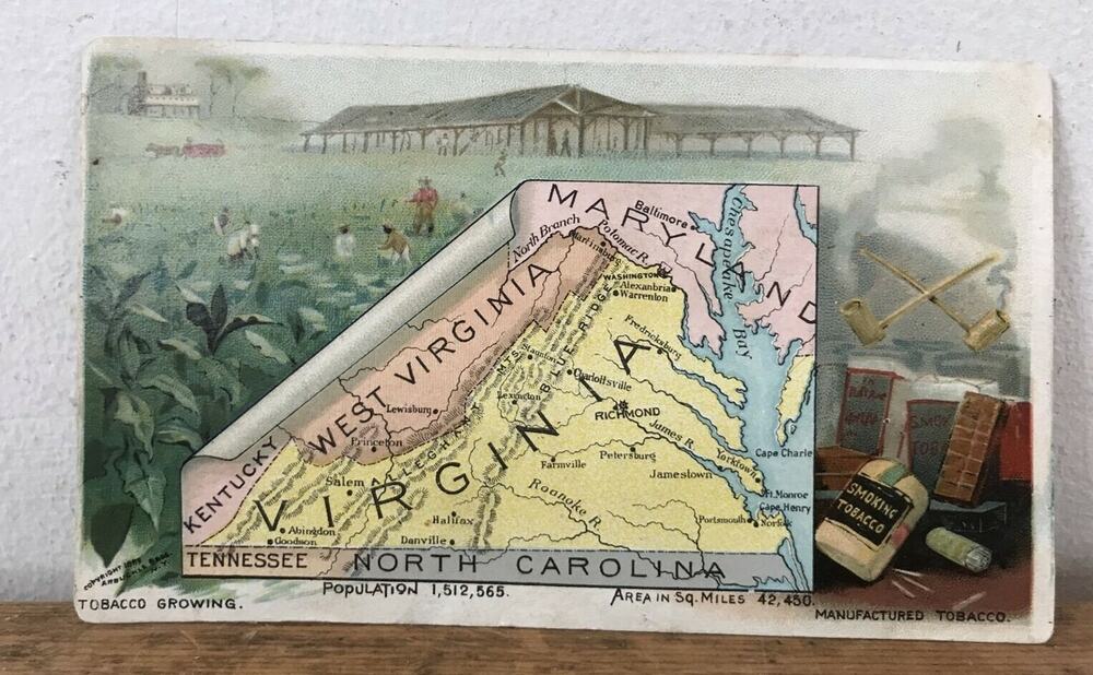 1889 Arbuckle Bros Ariosa Coffee Tobacco Virginia Map Victorian Trading Card
